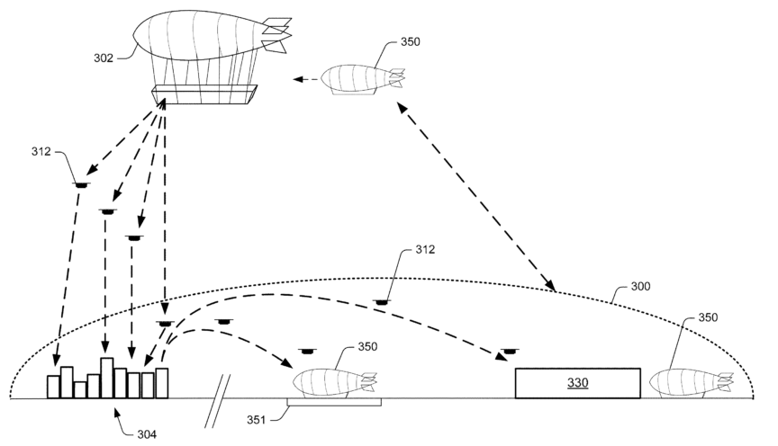 A design for an airborne warehouse using drones to deliver orders.