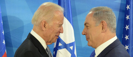 vice-president joe biden and israeli prime minister benjamin netanyahu smile and shake hands