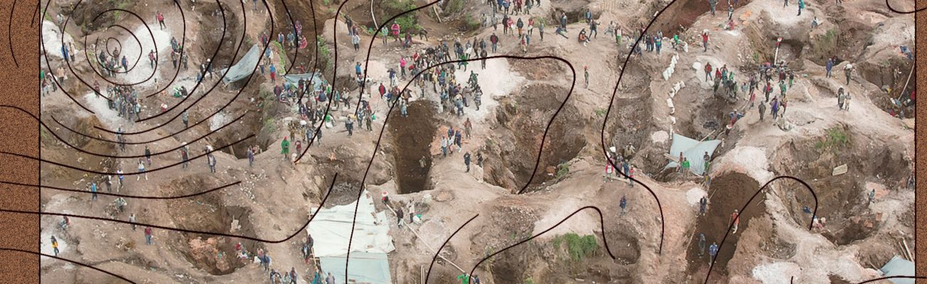 An aerial photograph of mineral mines, overlaid with map imagery.