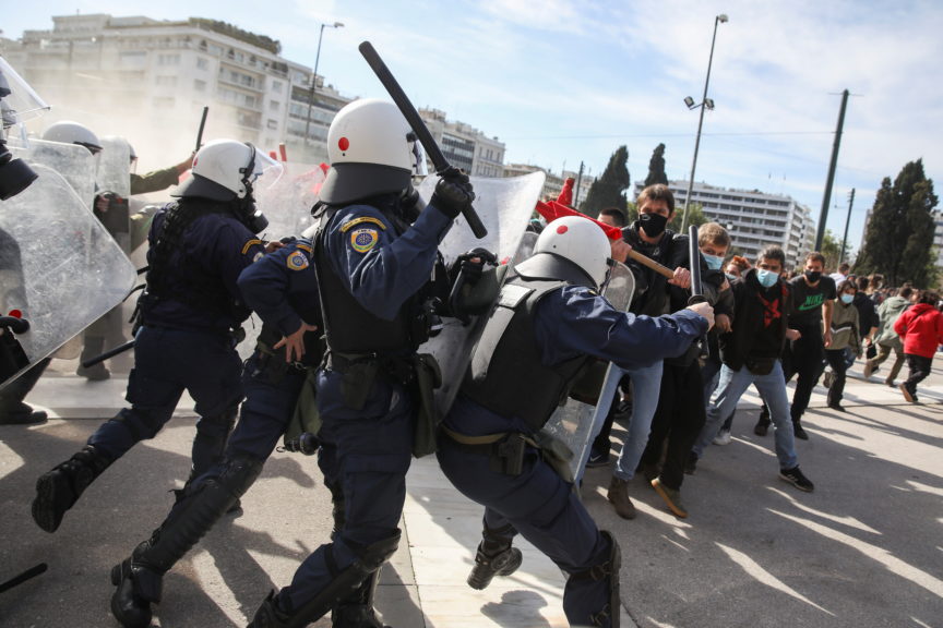 Greek university students clash with riot police in Athens, Greece