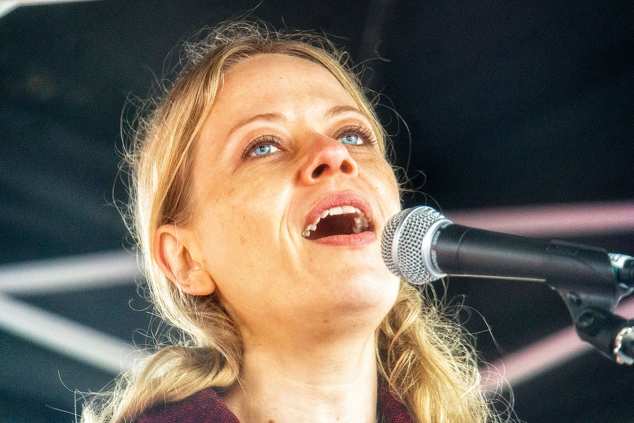 A close-up of incumbent Green party leader Sian Berry speaking into a microphone
