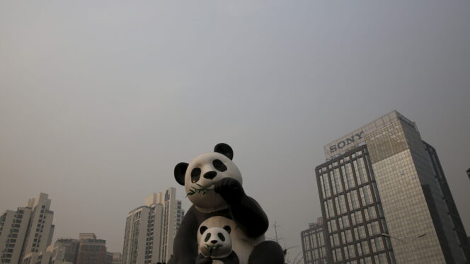 A panda station amid smog in Beijing