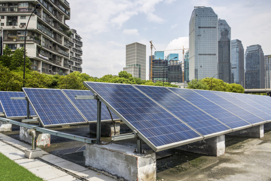 Solar panels and a city behind in China 