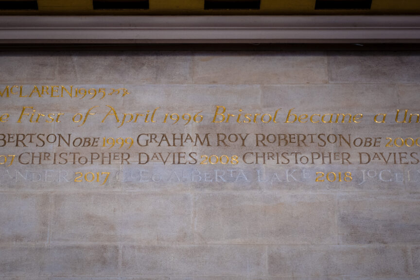 Cleo Alberta Lake - first Green party lord mayor of Bristol - inscribed in the wall of Bristol city hall.