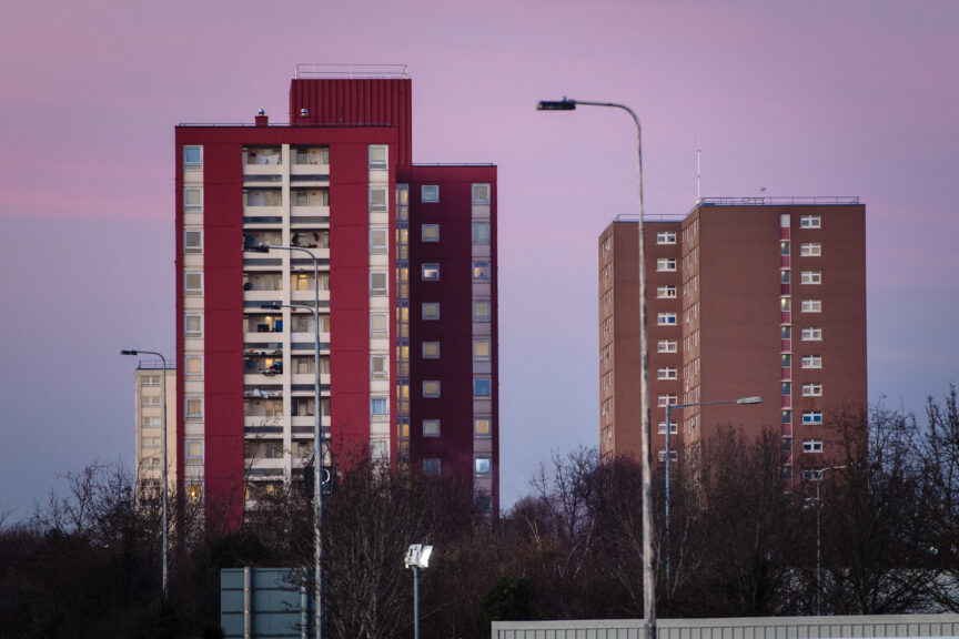 Tower blocks in Bristol at sunset