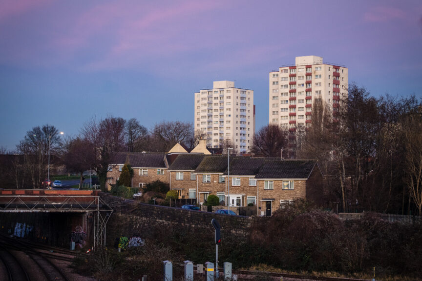 Tower blocks in Bristol at sunset