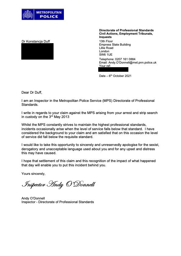 A letter from the Metropolitan police apologising to Koshka Duff for their strip-search of her