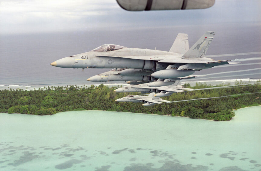 US Navy planes in flight over Diego Garcia. 