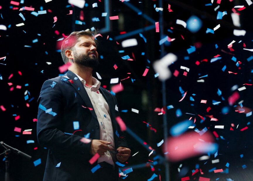 Gabriel Boric celebrates with supporters after winning the presidential election in Santiago, Chile, December 19, 2021