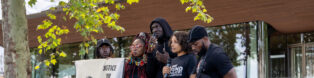 Image shows British rapper, singer and songwriter Stormzy speaks during Black Lives Matter protesters march from Parliament Square to New Scotland Yard in central London demanding justice for 24 year old Chris Kaba, who was shot dead by the police last week