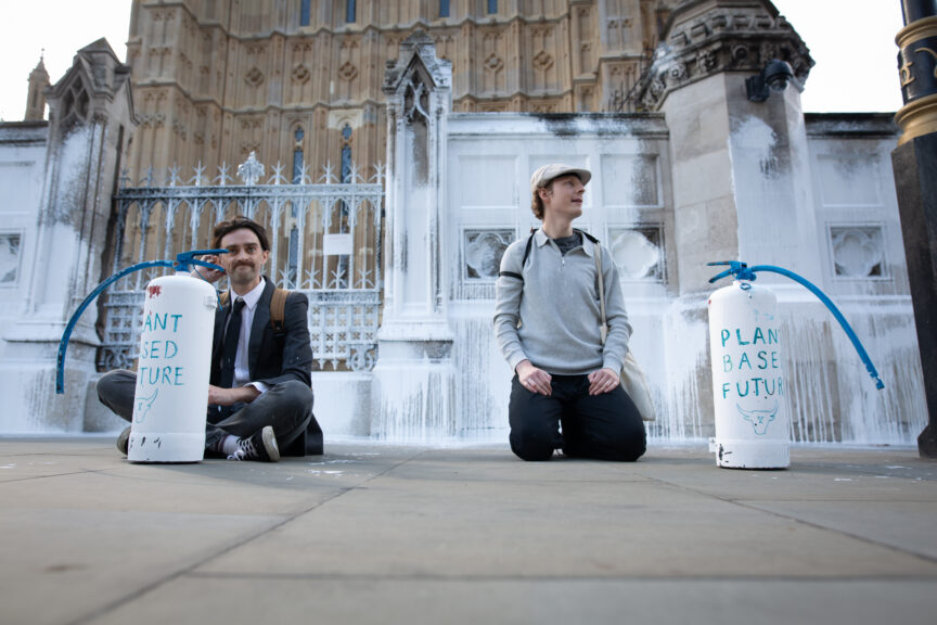 Animal Rebellion protesters spray white paint on Big Ben