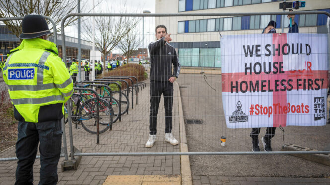 A far-right protester at a demonstration outside a hotel in Rotherham.