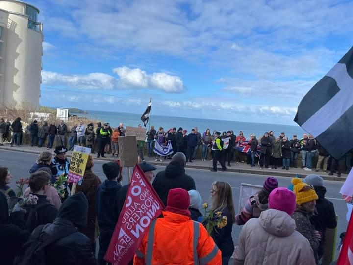 Anti-racist protesters (pictured in the foreground) opposing far-right protesters in Newquay in February. Photo: @Bfawukernow on Twitter