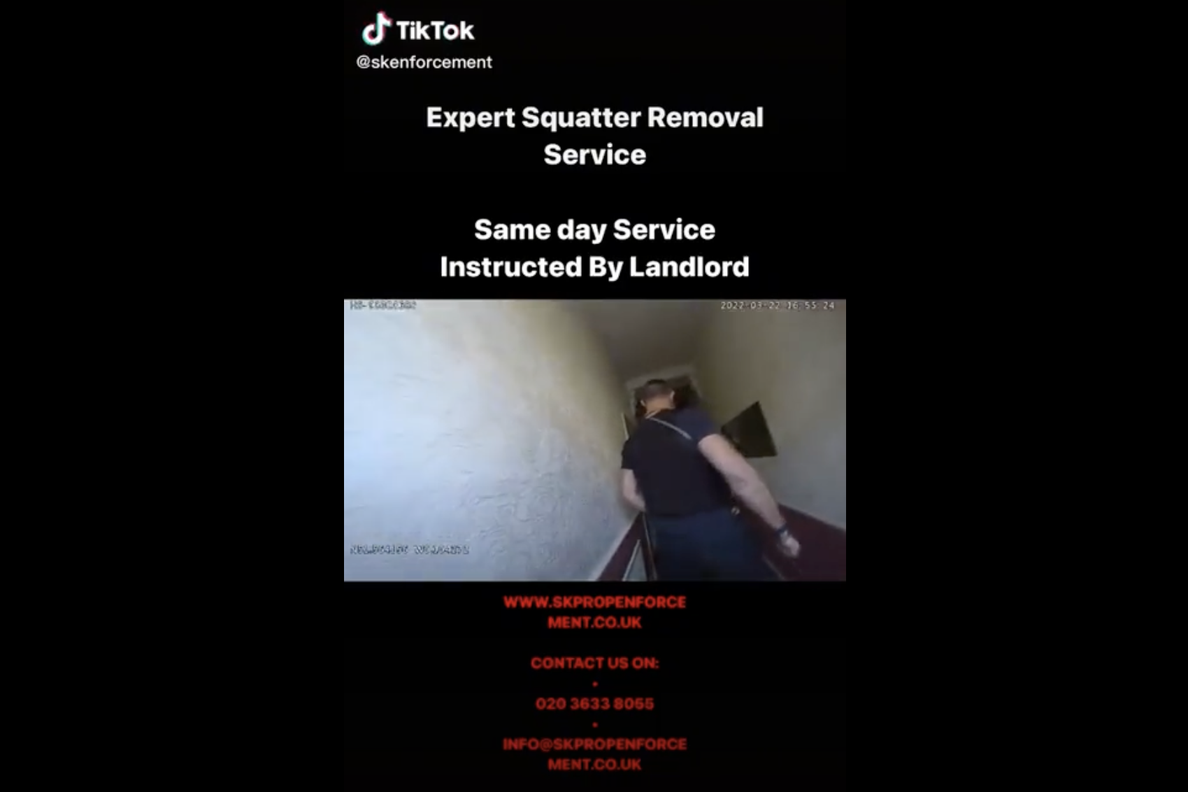 A screenshot of S&Ks now deleted tiktok video advertising 'expert squatter removal service' 'same day'