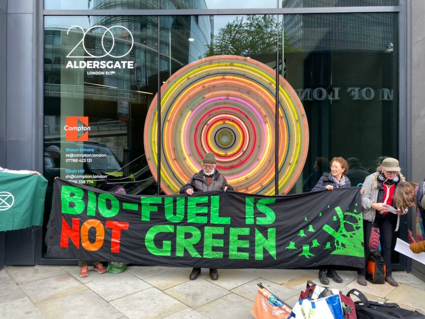 Protesters outside the Drax AGM on 26 April. Photo: Axe Drax