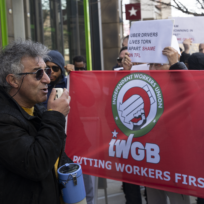 A private hire driver protesting at TfL's offices in Stratford, east London on Wednesday. Image: Courtesy of IWGB
