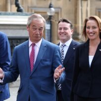 Reform party leader Nigel Farage and newly elected Reform MP Sarah Pochin, with fellow Reform MPs Richard Tice, James McMurdock and Lee Anderson, 6 May 2025. Toby Melville/Reuters