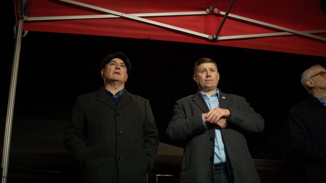 Eddie Dempsey (right) with former RMT general secretary Mick Lynch in 2023. Photo: Lucy North / SOPA Images/Sipa US via Reuters Connect