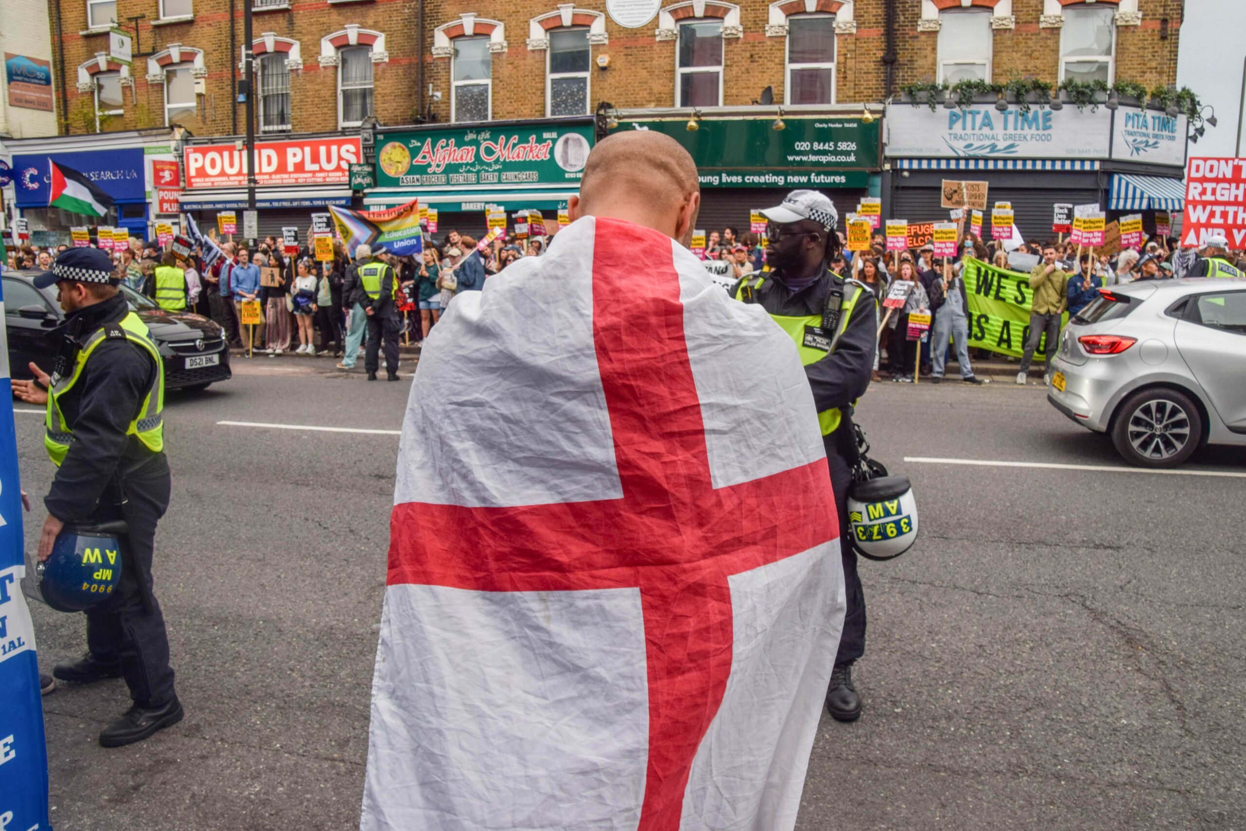 A protest against the far right in Finchley, north London, in August 2024. Photo: Vuk Valcic / SOPA Images via Reuters Connect