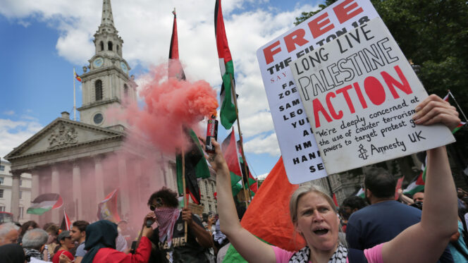 Pro Palestinian protesters rally in support of activists Palestine Action in London on Monday. Photo: Martin Pope/ZUMA Press Wire via Reuters Connect