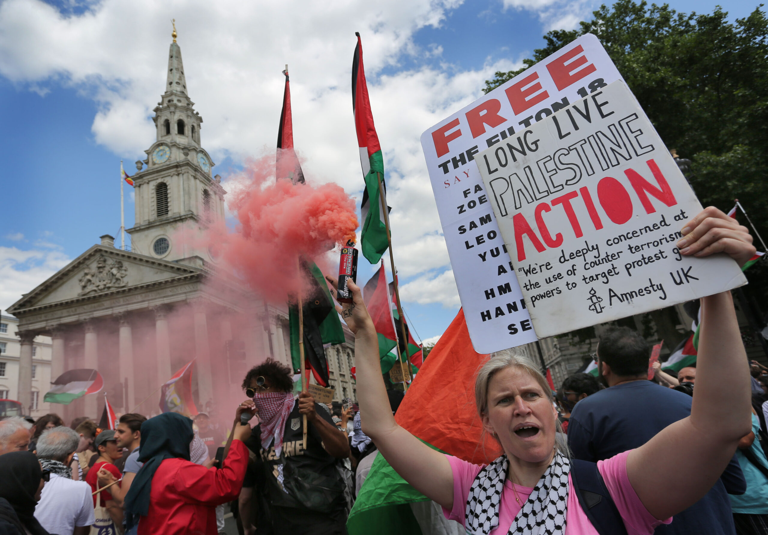 Pro Palestinian protesters rally in support of activists Palestine Action in London on Monday. Photo: Martin Pope/ZUMA Press Wire via Reuters Connect