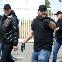 Ukip leader with his 'goons' intimidating aid workers and migrants in Calais. Photo: Lachlan Macrae