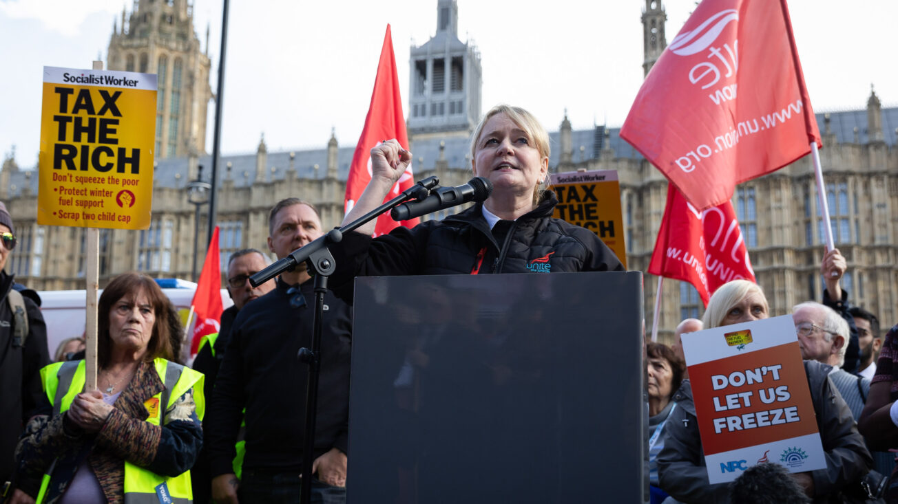 Unite general secretary Sharon Graham speaks during a demonstration agains1t cuts to the winter fuel allowance. Photo: Tejas Sandhu / SOPA Images via Reuters Connect