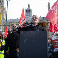 Unite general secretary Sharon Graham speaks during a demonstration agains1t cuts to the winter fuel allowance. Photo: Tejas Sandhu / SOPA Images via Reuters Connect