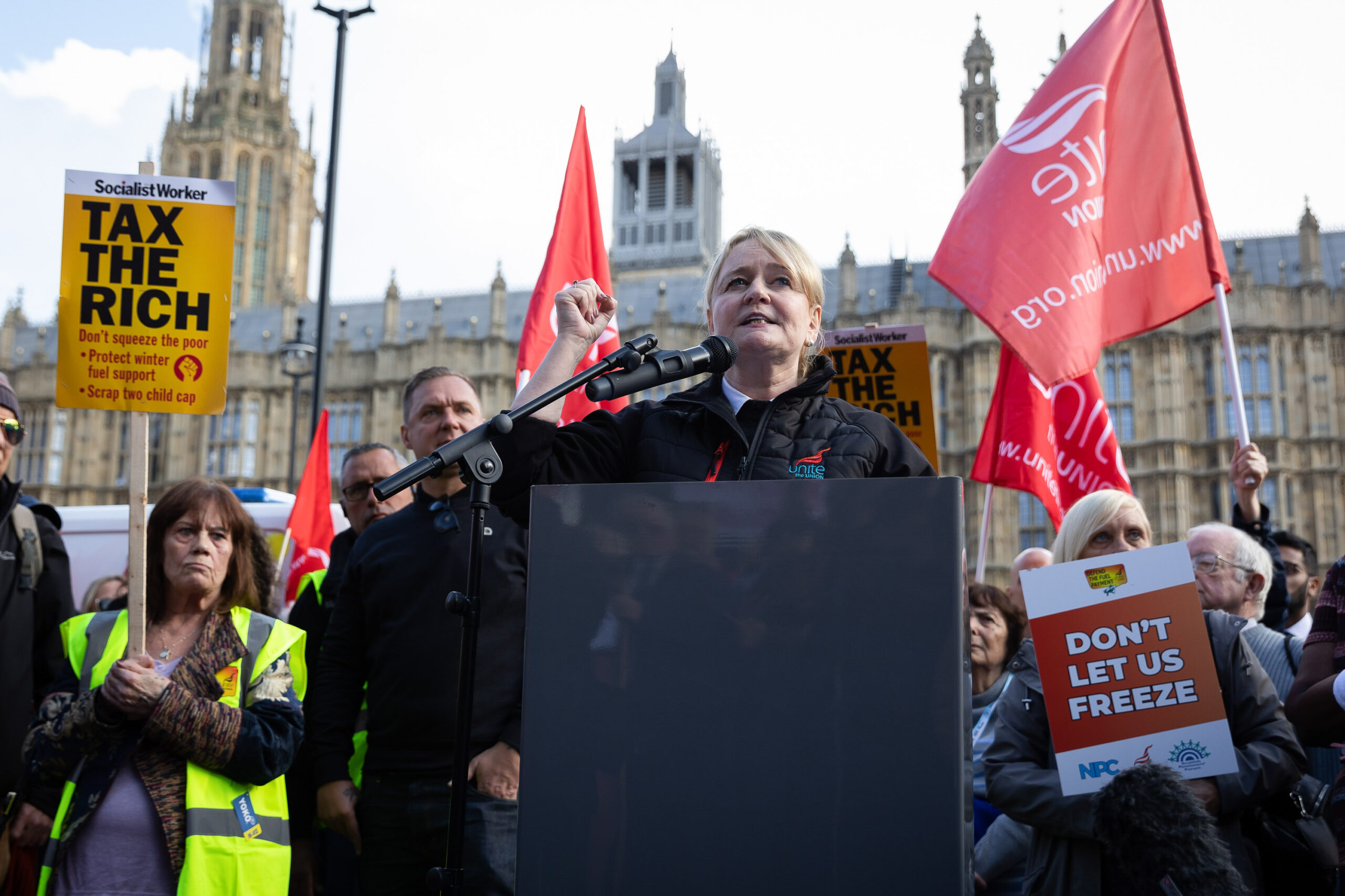 Unite general secretary Sharon Graham speaks during a demonstration agains1t cuts to the winter fuel allowance. Photo: Tejas Sandhu / SOPA Images via Reuters Connect