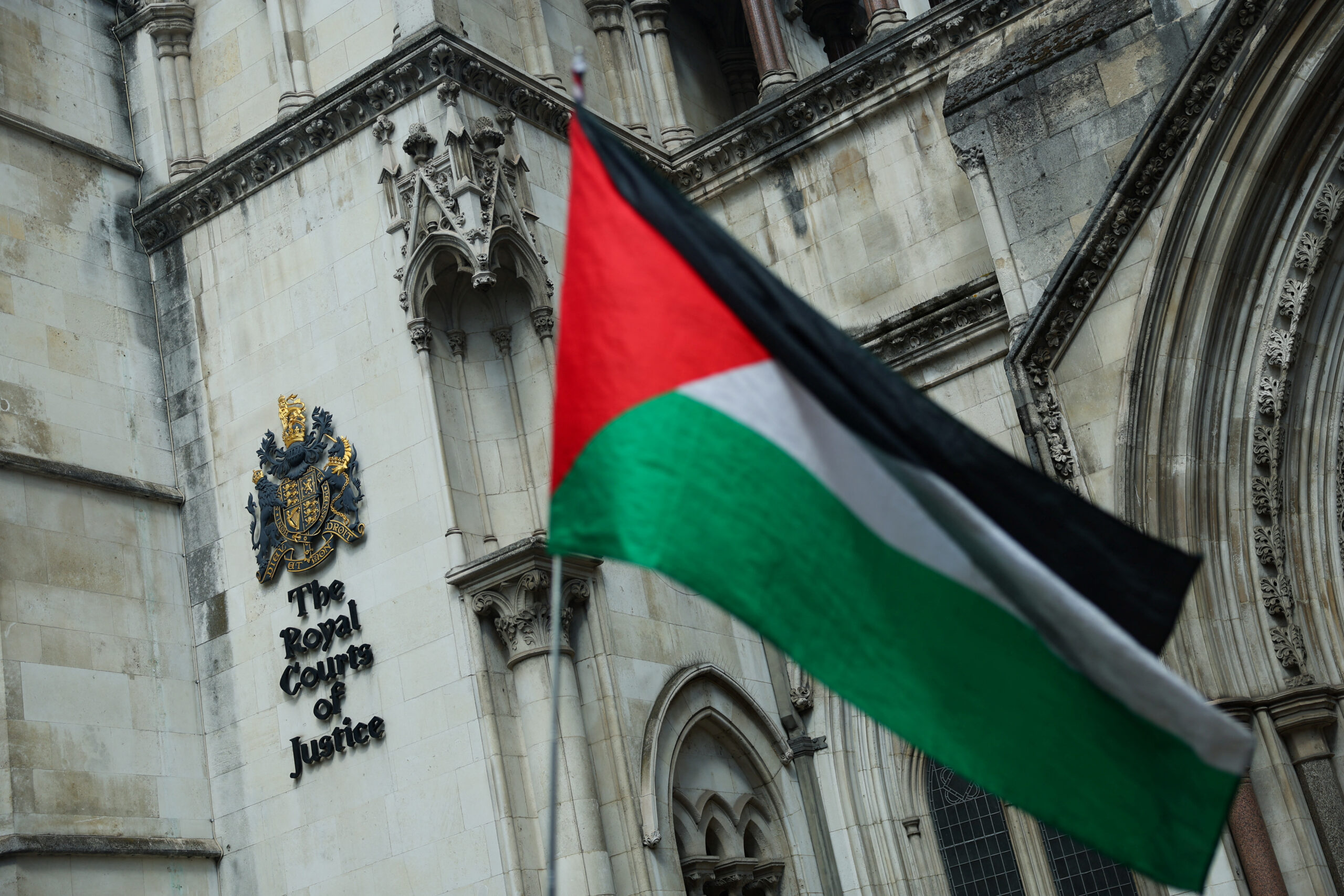 A Palestine flag outside the Royal Courts of Justice in London.