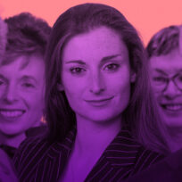 A group of people with purple filter