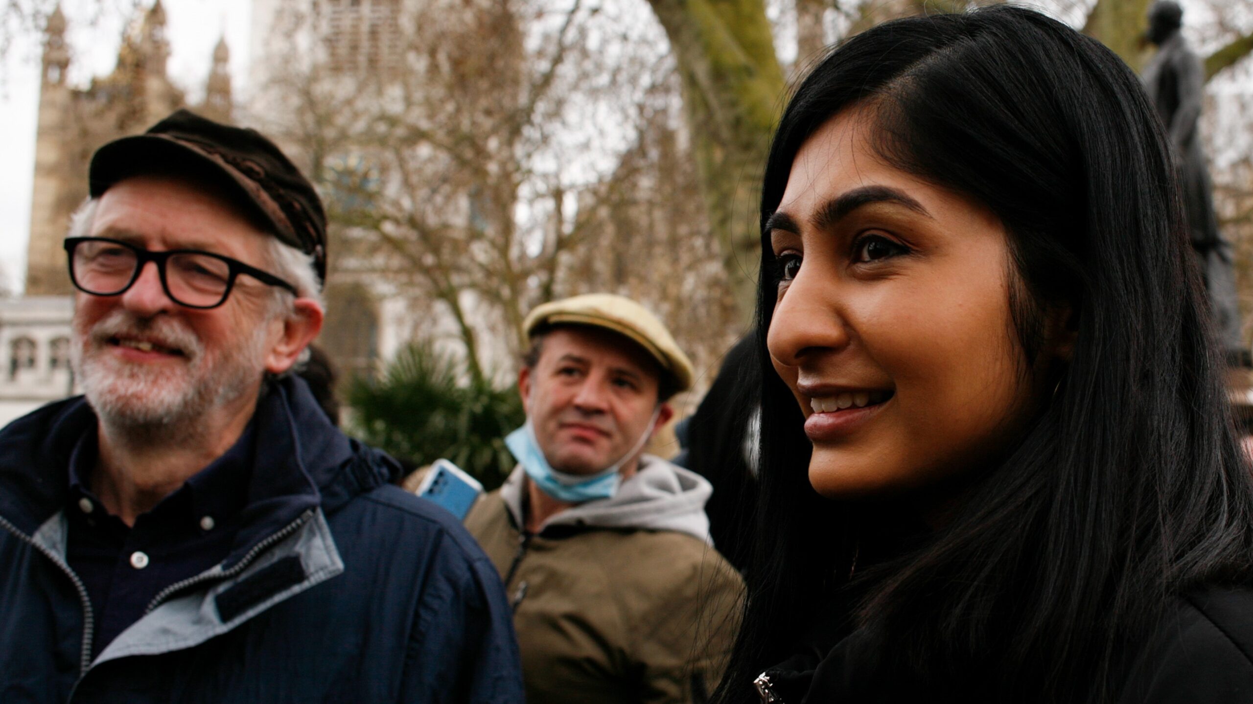 Zarah Sultana stands with former Labour party leader Jeremy Corbyn as they prepare to address activists at a 'Kill the Bill' protest in Parliament Square, London, April 2021. David Cliff/NurPhoto/Reuters