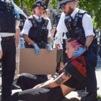 Police officers arrest protesters in Parliament Square on 12 July 2025 who were holding placards in support of Palestine Action, which has been banned under anti-terrorism laws. Being a member of, or showing support for, the activist group is now illegal in the UK. Vuk Valcic/ZUMA Press Wire/Reuters