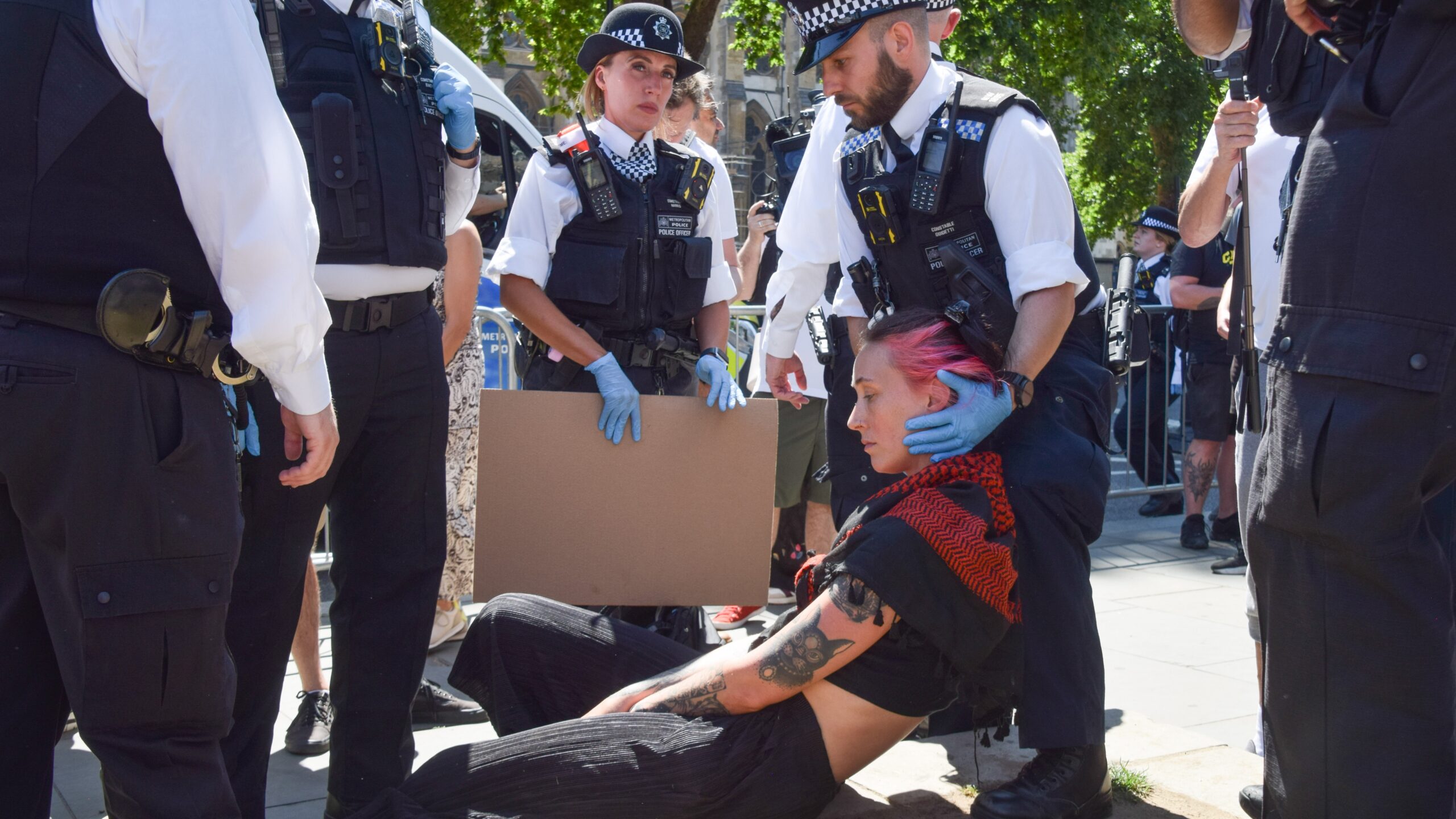 Police officers arrest protesters in Parliament Square on 12 July 2025 who were holding placards in support of Palestine Action, which has been banned under anti-terrorism laws. Being a member of, or showing support for, the activist group is now illegal in the UK. Vuk Valcic/ZUMA Press Wire/Reuters