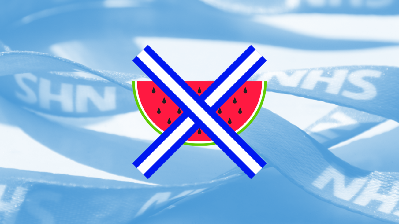 NHS lanyards with watermelon image on top and a cross made with Israeli flag colours