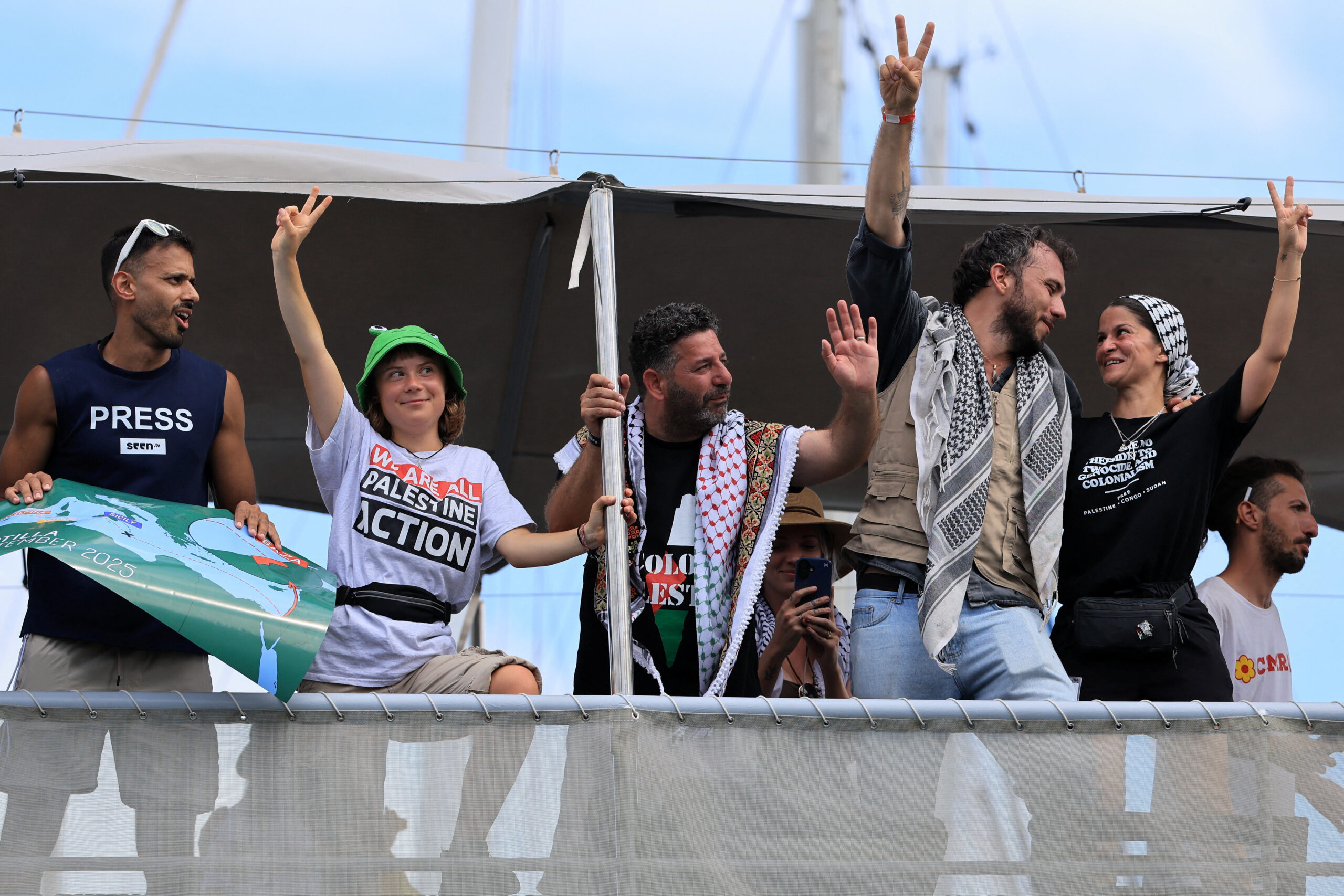 Greta Thunberg on a boat to Gaza leaving Barcelona.