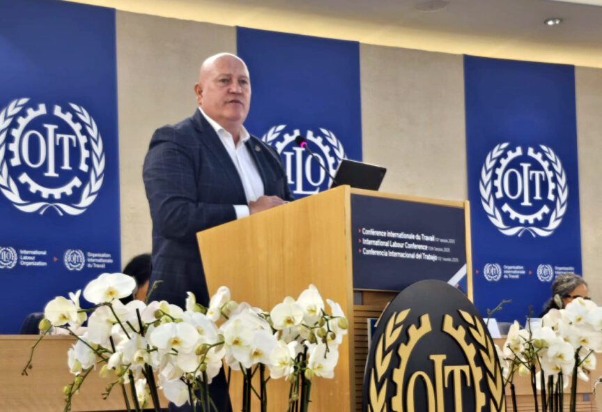 Steve Cotton addresses the International Labour Conference in Geneva. Photo: ITF on Facebook
