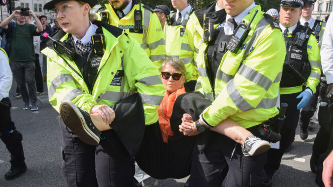 Saturday 6 September 2025, London, England: Police officers arrest a protester in Parliament Square who was holding a placard stating ‘I oppose genocide, I support Palestine Action’. Vuk Valcic/ZUMA Press Wire/Reuters