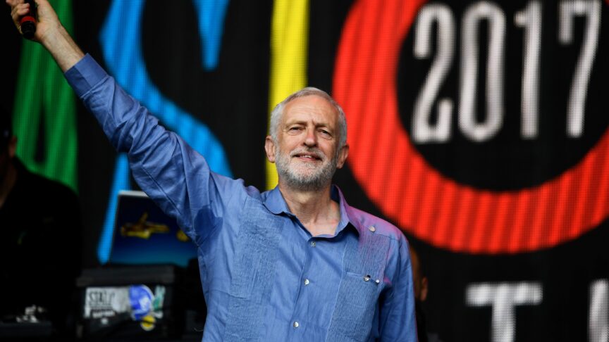 Jeremy Corbyn as Labour leader addressing Glastonbury festival attendees from the Pyramid Stage in June 2017. Reuters/Dylan Martinez