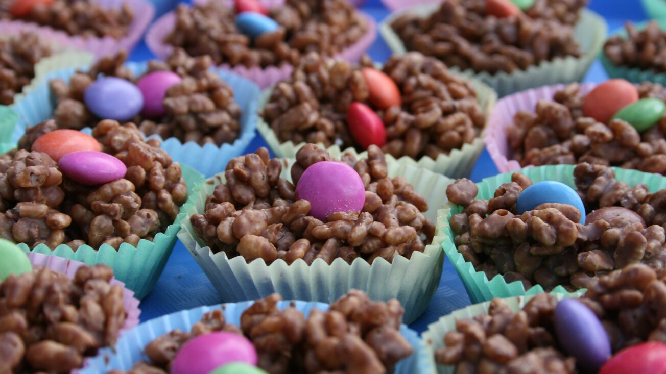 Chocolate rice cakes with chocolate sweets on top