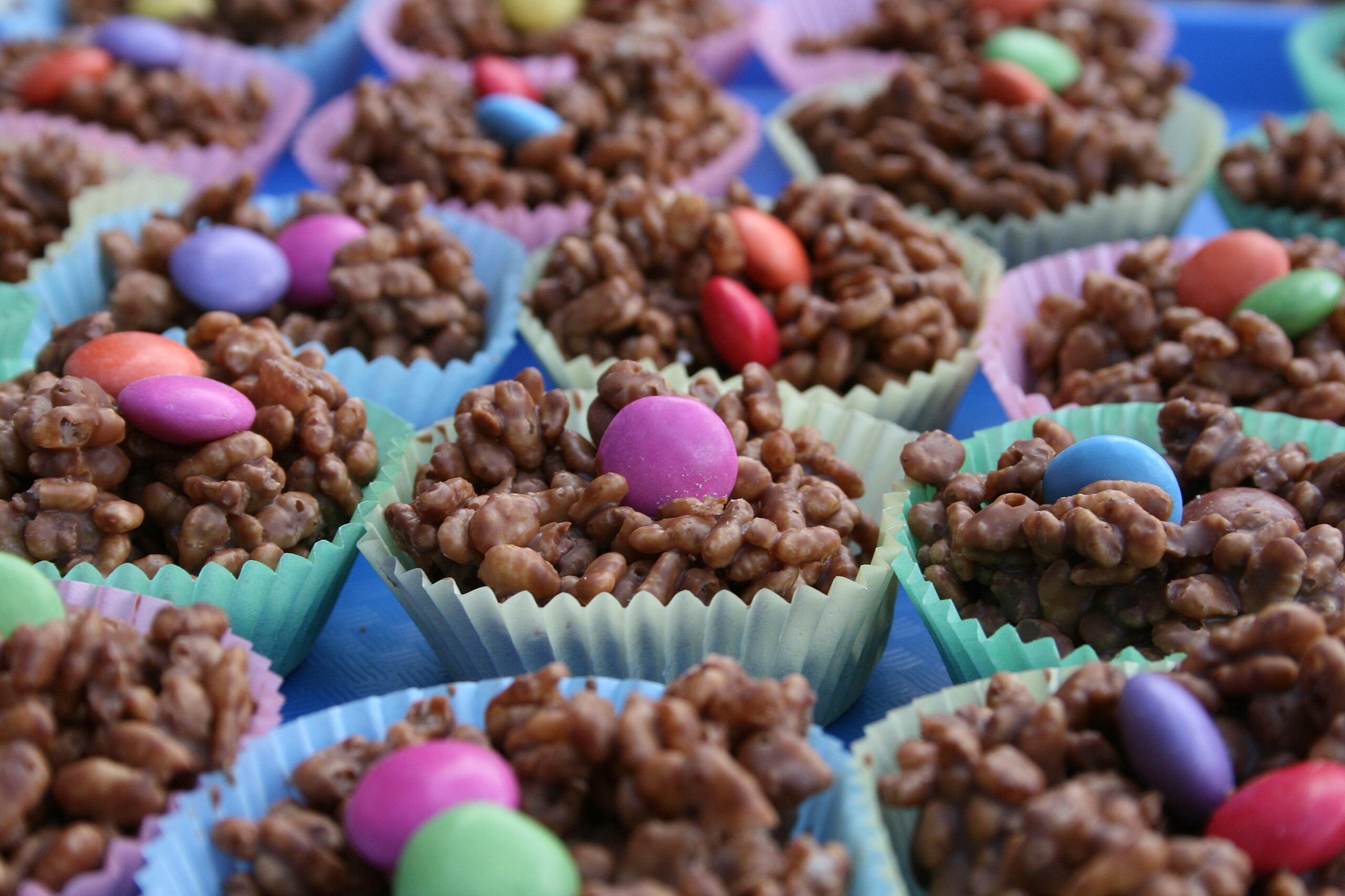 Chocolate rice cakes with chocolate sweets on top