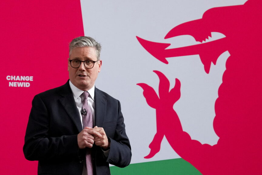 Keir Starmer speaks at a Welsh Labour general election campaign event in Abergavenny, Wales on 30 May 2024.