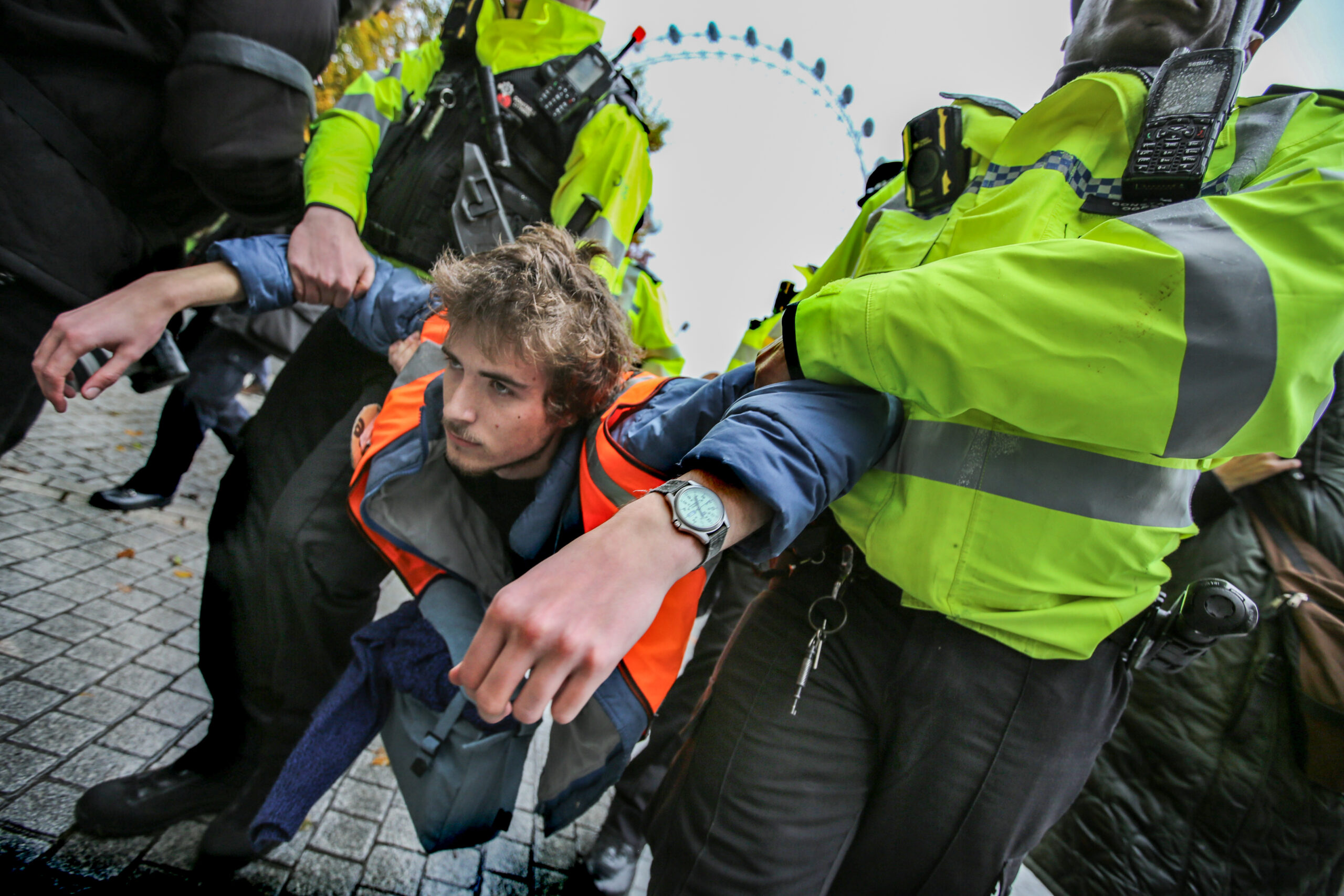 A Just Stop Oil protester arrested London in November 2023. Photo: Martin Pope / SOPA Images/Sipa USA