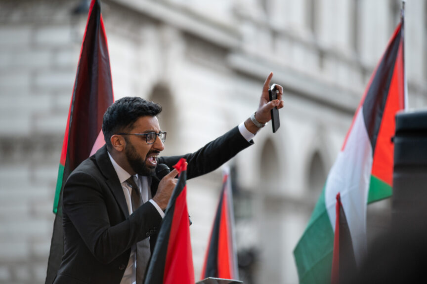 Independent MP for Blackburn Adnan Hussain seen addressing the crowd during a pro-Palestine demonstration outside Downing Street in London, 11 September 2024. SOPA Images / Reuters