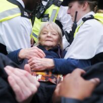 A Defend Our Juries protester is arrested for showing support for Palestine Action in London. Photo by Seiya Tanase/NurPhoto