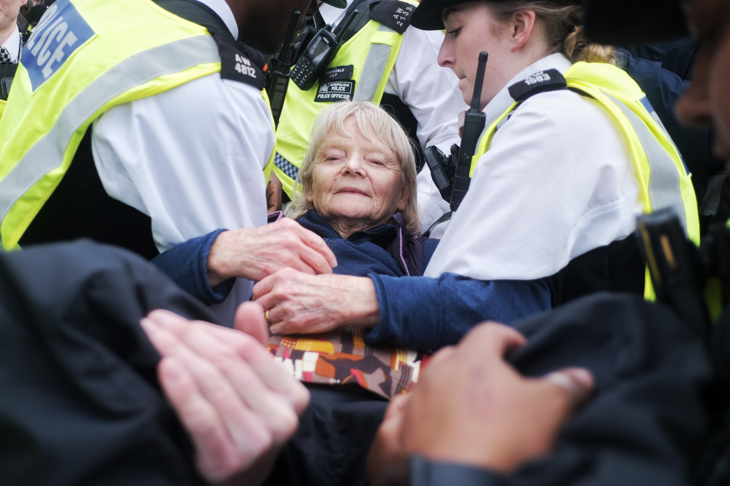 A Defend Our Juries protester is arrested for showing support for Palestine Action in London. Photo by Seiya Tanase/NurPhoto
