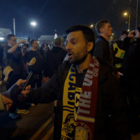 A football fan wearing a joint Aston Villa-Maccabi Tel Aviv scarf at the Villa Park match in Birmingham on Thursday 6 November 2025. Jonah Sealey Braverman/Novara Media