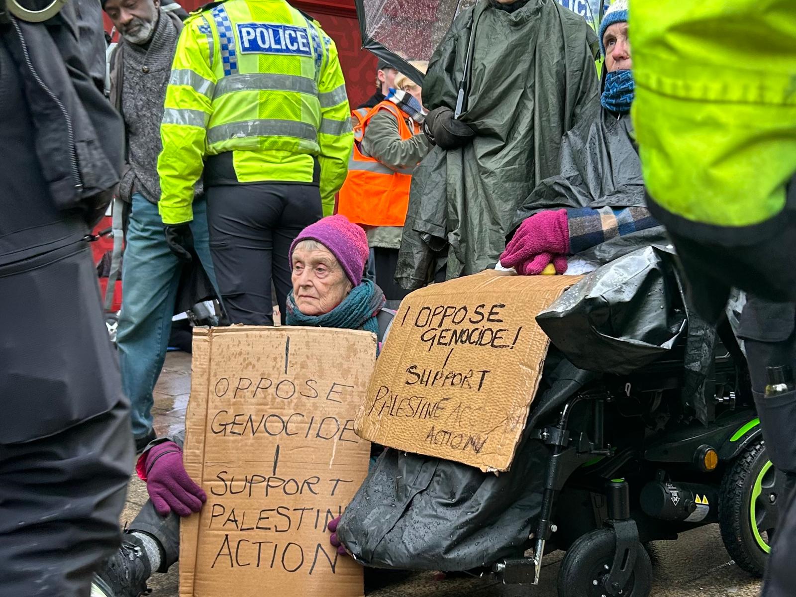 People protesting the proscription of Palestine Action sit in Dortmund Square, Leeds on 18 November 2025 as part of two weeks of mass civil disobedience events planned around the judicial review. Harriet Williamson / Novara Media