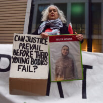 A protester holds a picture of Teuta ‘T’ Hoxha during a demonstration outside the Department of Health in solidarity with pro-Palestine activists who are on hunger strike in prison, 17 December 2025, London, England. Vuk Valcic/ZUMA Press Wire