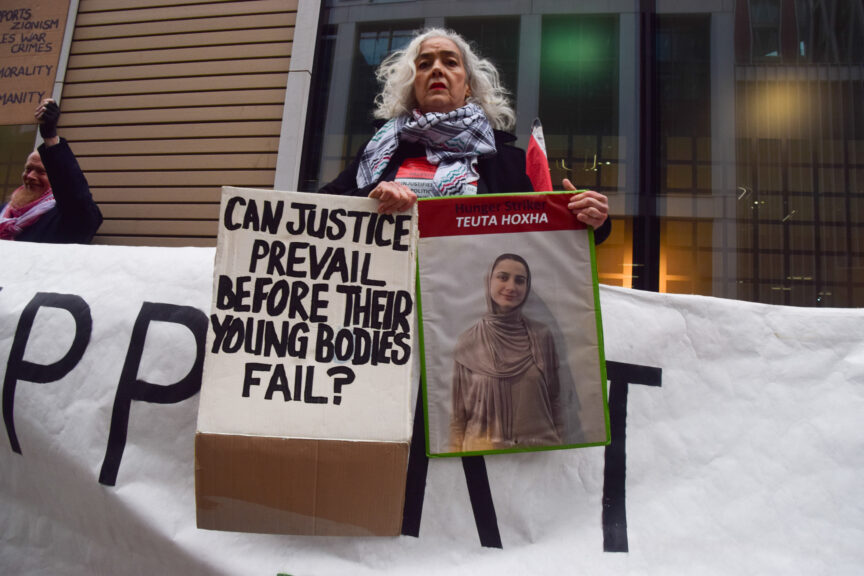 A protester holds a picture of Teuta ‘T’ Hoxha during a demonstration outside the Department of Health in solidarity with pro-Palestine activists who are on hunger strike in prison, 17 December 2025, London, England. Vuk Valcic/ZUMA Press Wire